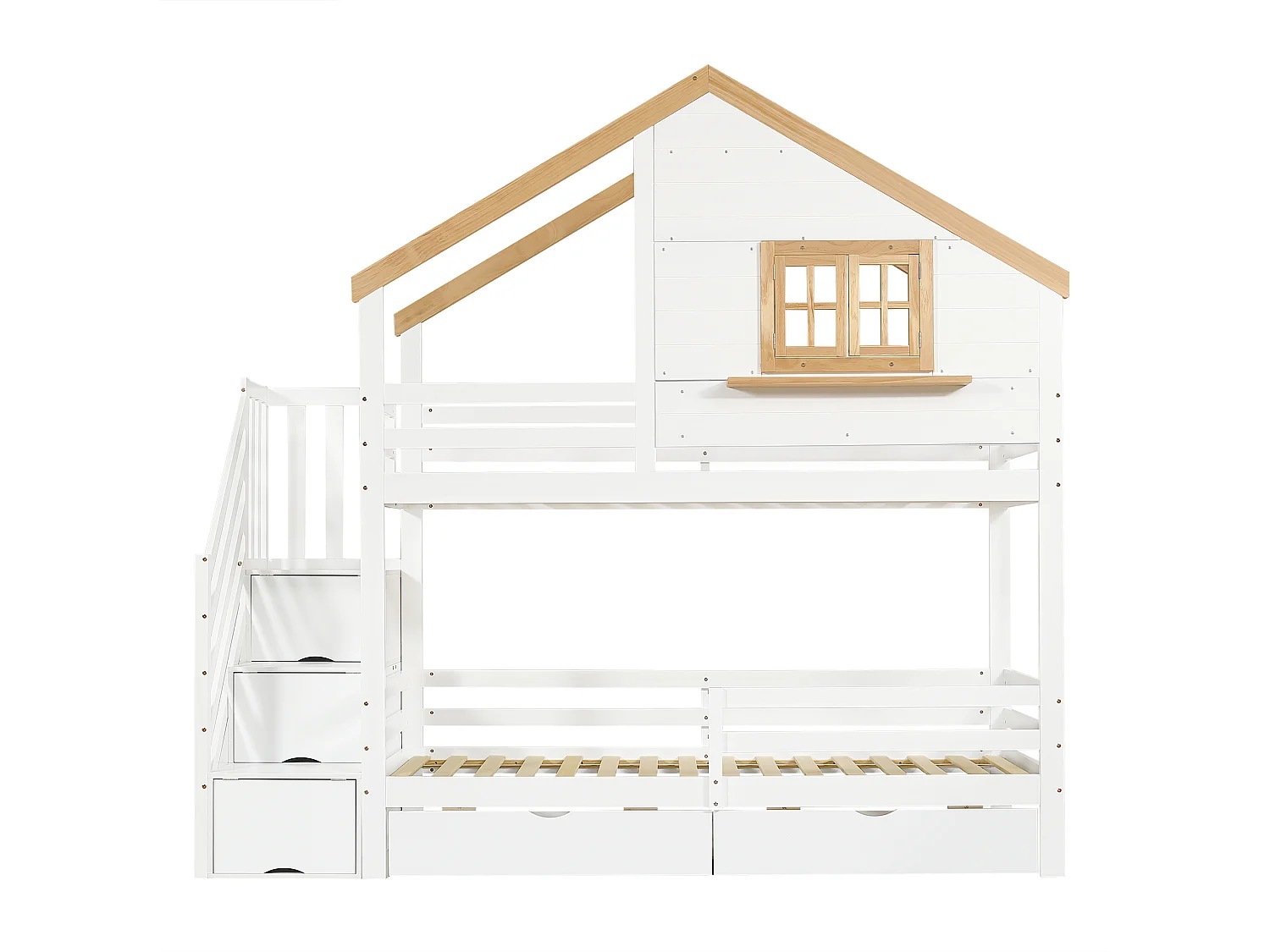 Lit superposé 90x200 cm - avec escaliers de rangement - avec 2 tiroirs - avec toit et fenêtres - Bois massif + MDF - Blanc + Naturel