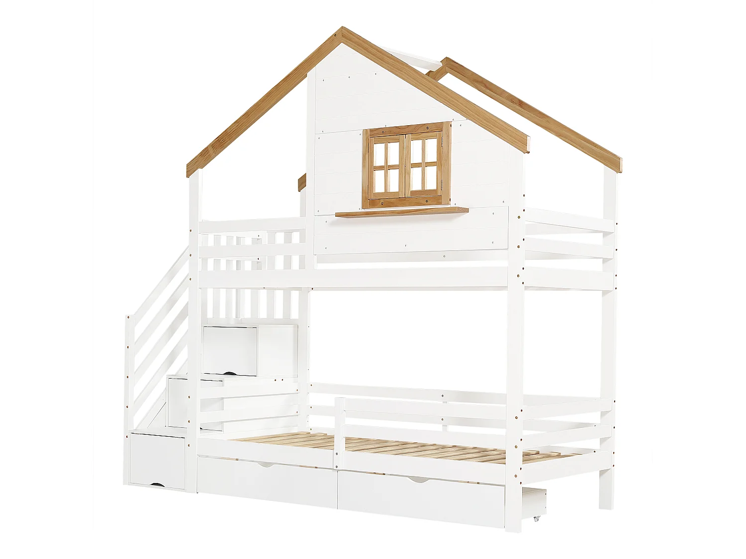 Lit superposé 90x200 cm - avec escaliers de rangement - avec 2 tiroirs - avec toit et fenêtres - Bois massif + MDF - Blanc + Naturel