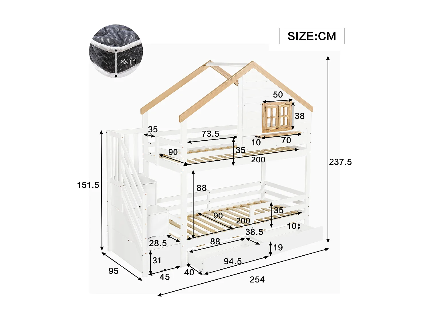 Etagenbett 90x200 cm - mit Aufbewahrungstreppen - mit 2 Schubladen - mit Dach und Fenstern - Massives Holz + MDF - Weiß + Natur
