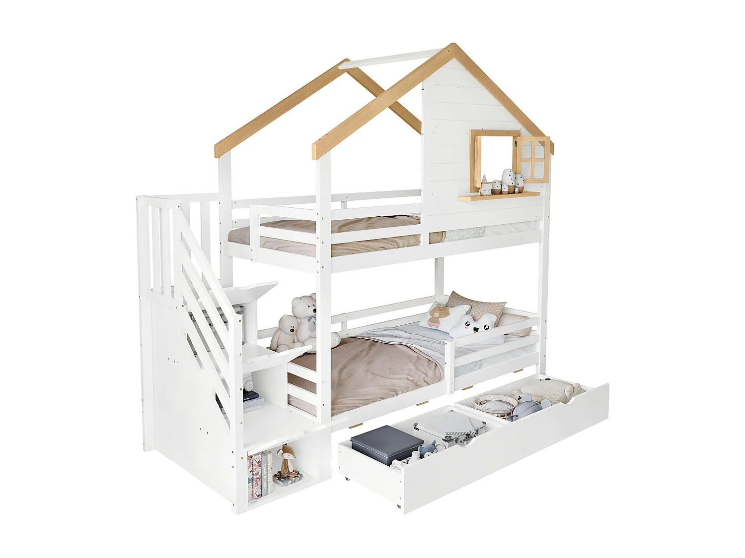 Etagenbett 90x200 cm - mit Aufbewahrungstreppen - mit 2 Schubladen - mit Dach und Fenstern - Massives Holz + MDF - Weiß + Natur
