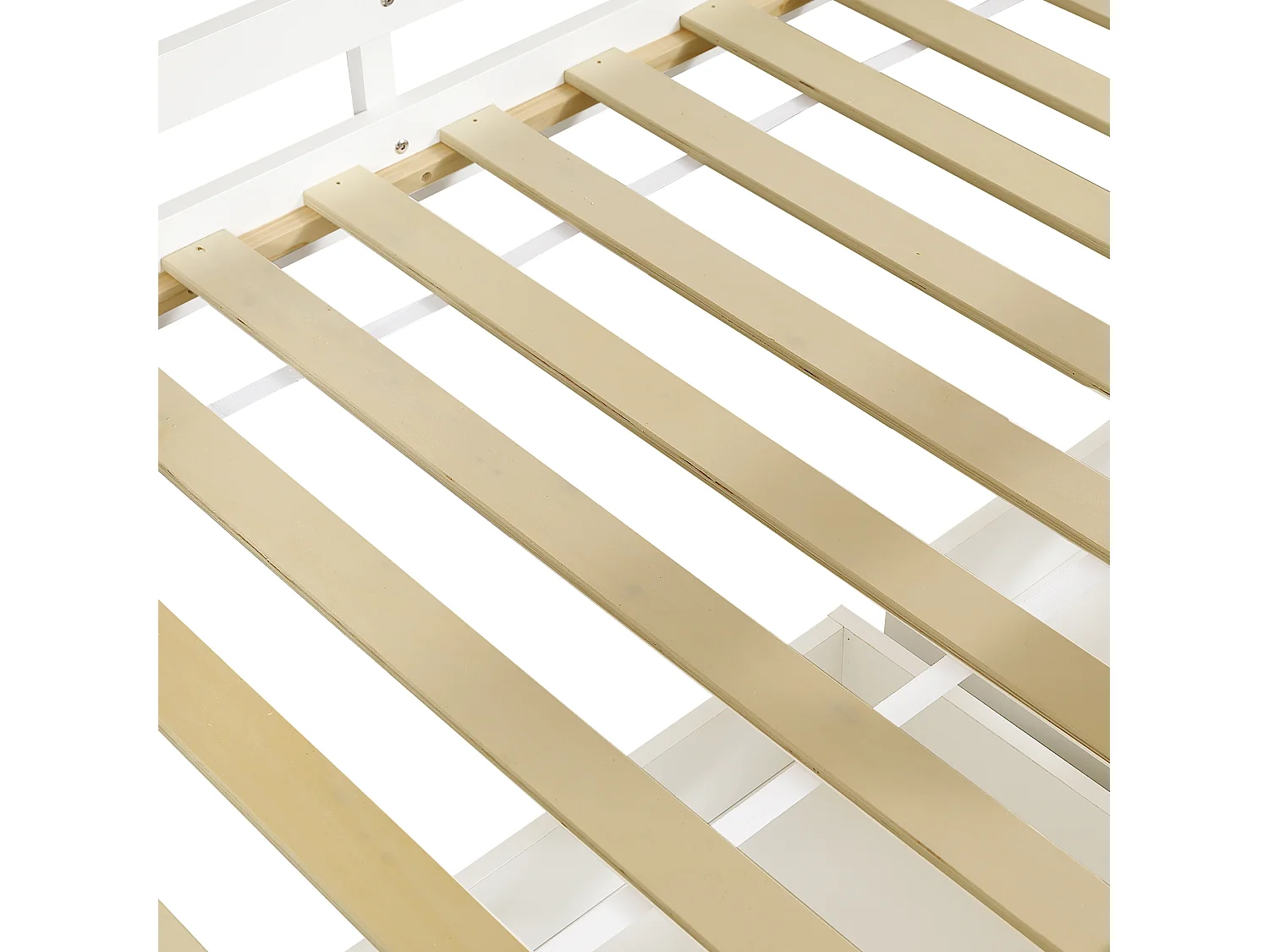 Etagenbett 90x200 cm - mit Aufbewahrungstreppen - mit 2 Schubladen - mit Dach und Fenstern - Massives Holz + MDF - Weiß + Natur