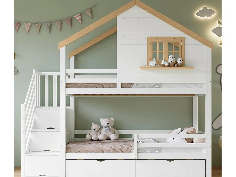 Letto a castello 90x200 cm - con scale di stoccaggio - con 2 cassetti - con tetto e finestre - Legno massiccio + MDF - Bianco + Naturale