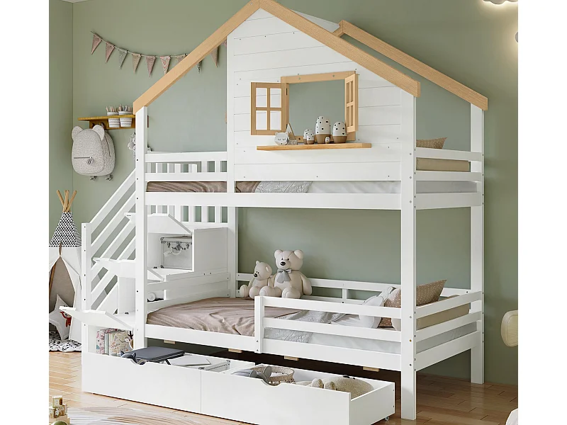 Łóżko piętrowe 90x200 cm - z schodami do przechowywania - z 2 szufladami - z dachem i oknami - Drewno lite + MDF - Białe + Naturalne