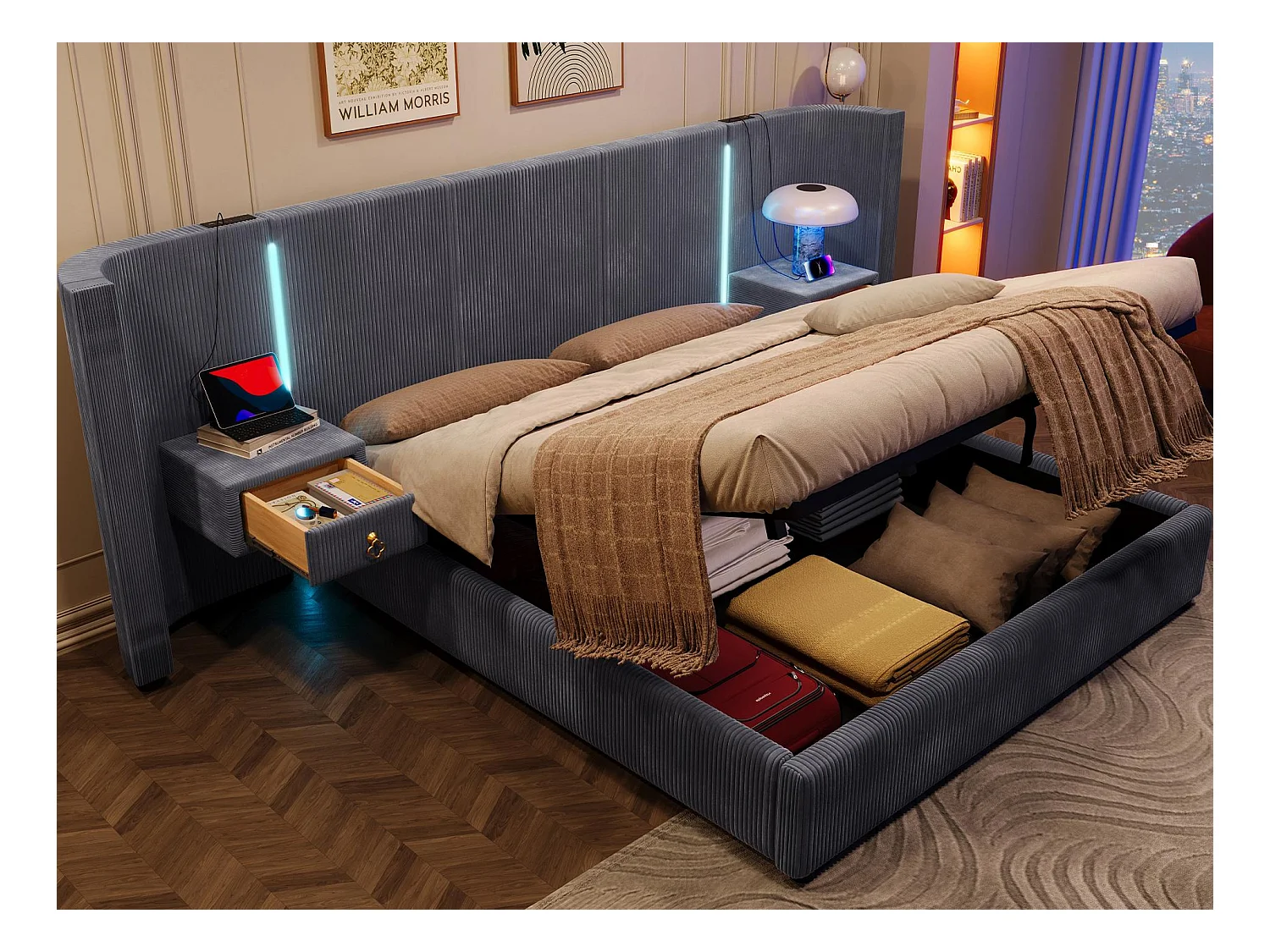 Lit coffre rembourré 180x200cm - avec bande lumineuse LED - avec 2 tiroirs - USB+TYPE-C - velours - gris (matelas non inclus)