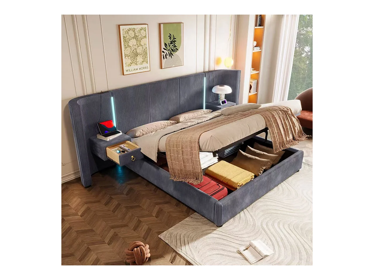 Lit coffre rembourré 180x200cm - avec bande lumineuse LED - avec 2 tiroirs - USB+TYPE-C - velours - gris (matelas non inclus)