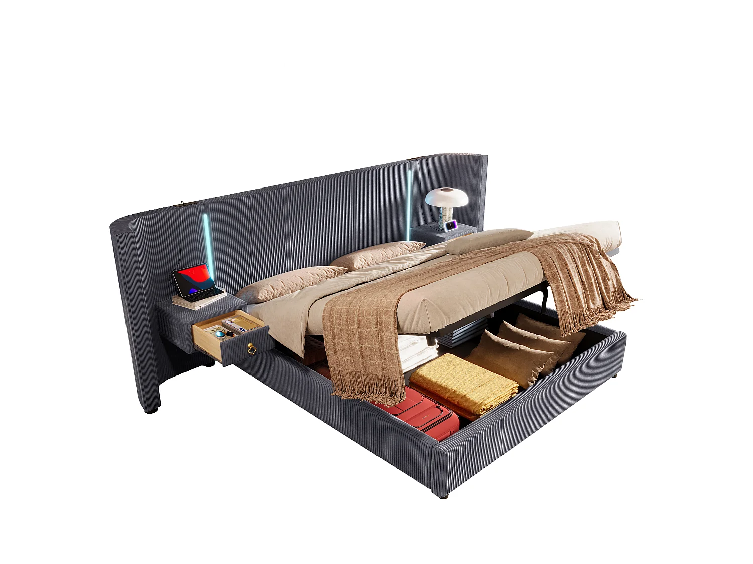 Lit coffre rembourré 180x200cm - avec bande lumineuse LED - avec 2 tiroirs - USB+TYPE-C - velours - gris (matelas non inclus)