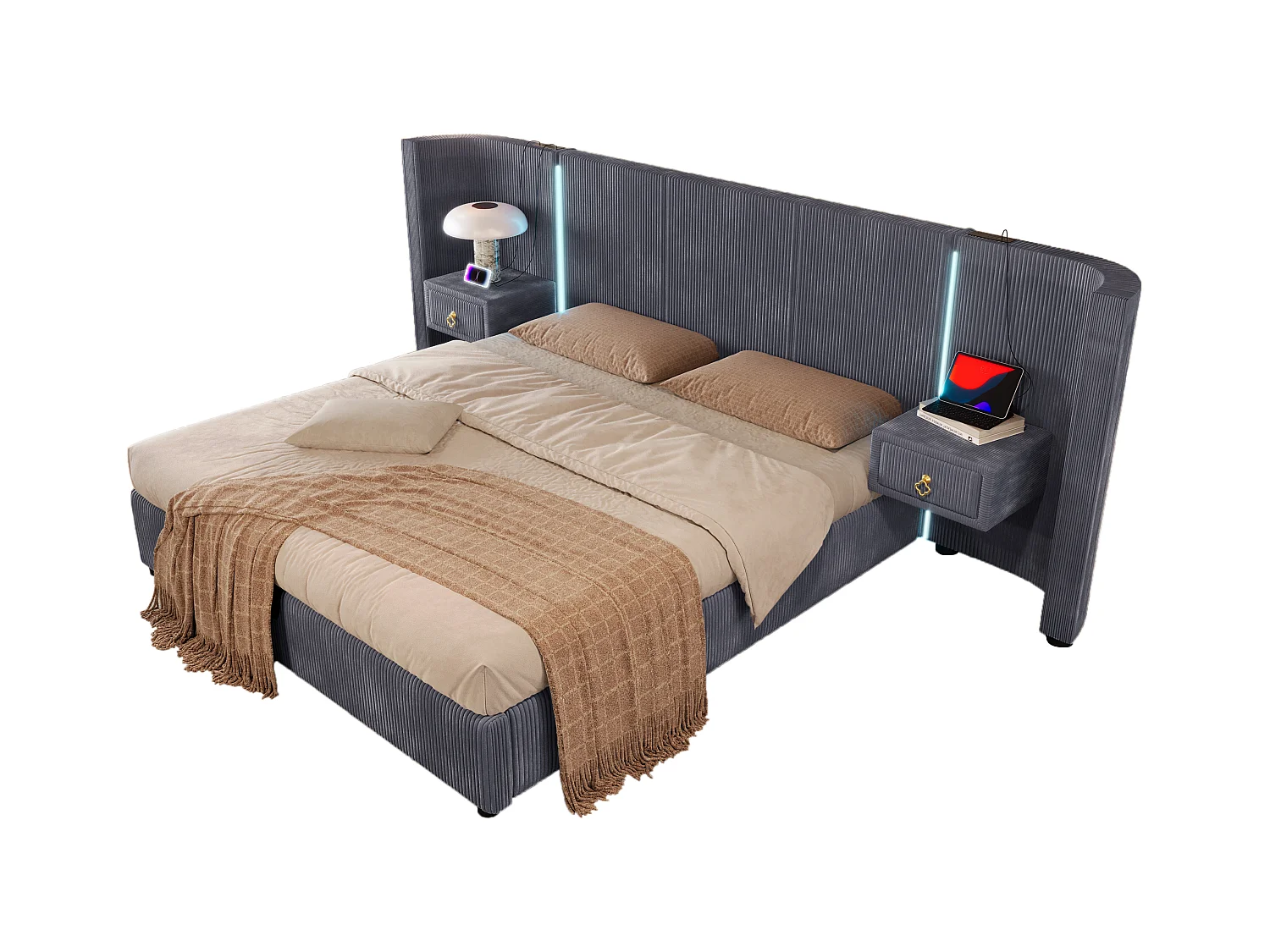 Lit coffre rembourré 180x200cm - avec bande lumineuse LED - avec 2 tiroirs - USB+TYPE-C - velours - gris (matelas non inclus)