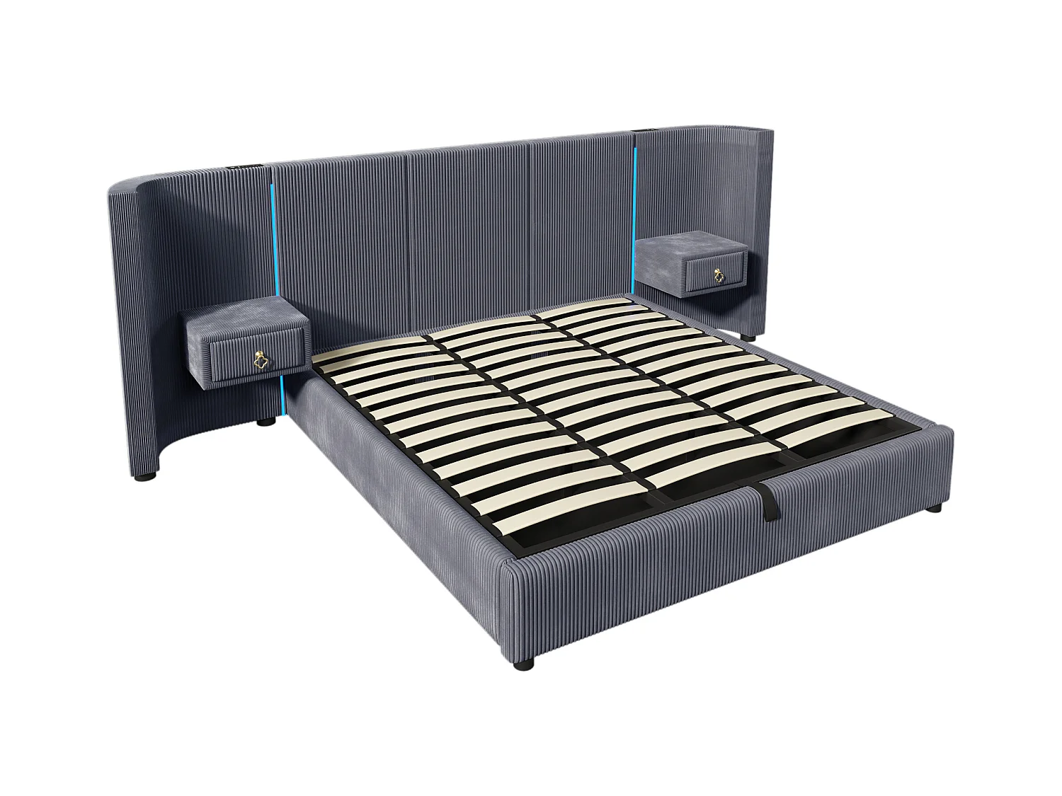 Lit coffre rembourré 180x200cm - avec bande lumineuse LED - avec 2 tiroirs - USB+TYPE-C - velours - gris (matelas non inclus)