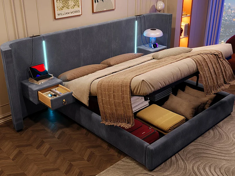 Lit coffre rembourré 180x200cm - avec bande lumineuse LED - avec 2 tiroirs - USB+TYPE-C - velours - gris (matelas non inclus)