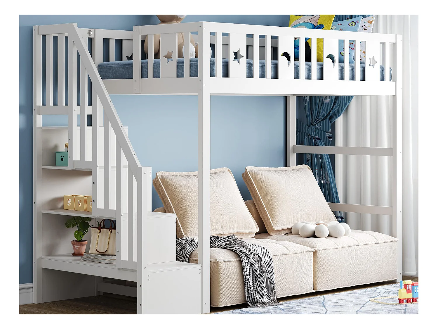 Lit superposé enfant 90x200cm - Avec escalier - Avec barrières de sécurité - Avec compartiment de rangement - Blanc (sans matelas)