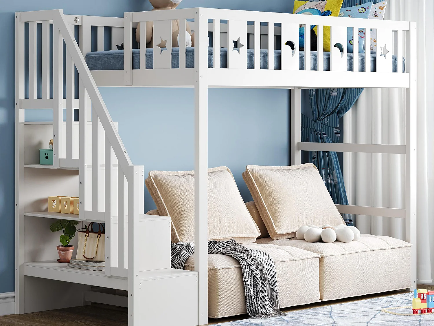 Kinder stapelbed 90x200cm - Met trap - Met veiligheidshekken - Met opbergruimte - Wit (zonder matras)