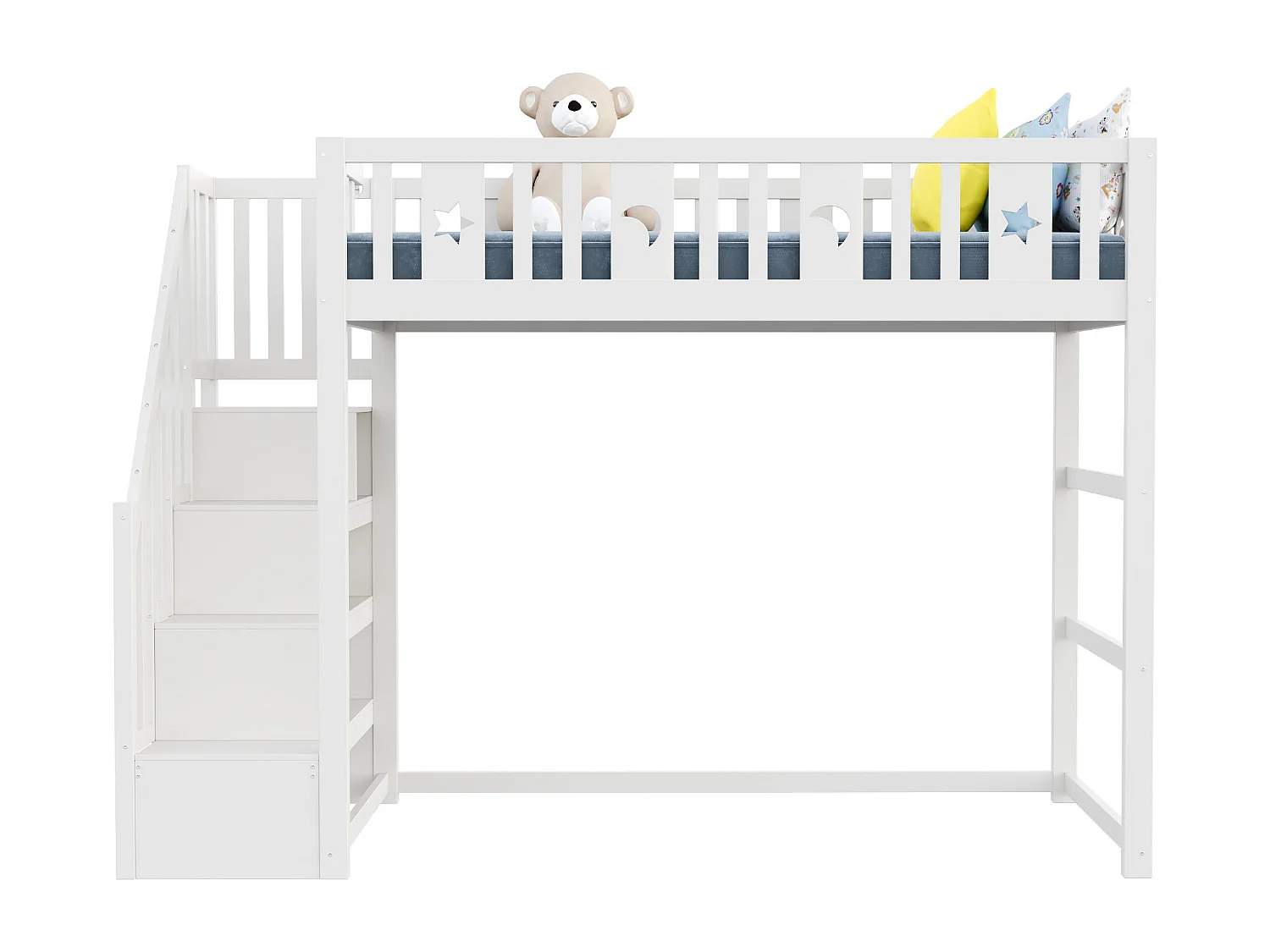 Kinder stapelbed 90x200cm - Met trap - Met veiligheidshekken - Met opbergruimte - Wit (zonder matras)