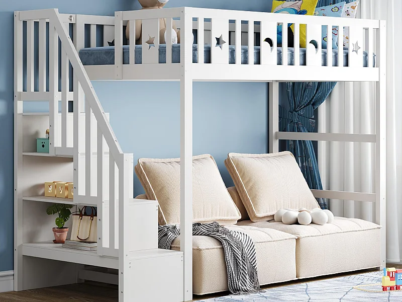 Kinder stapelbed 90x200cm - Met trap - Met veiligheidshekken - Met opbergruimte - Wit (zonder matras)