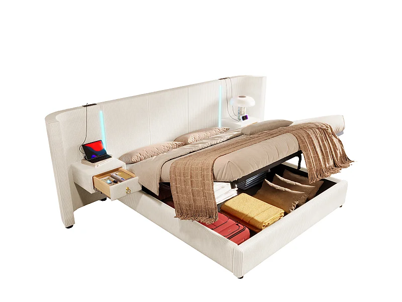 Opbergbed met bekleding 180x200cm - met LED-lichtbalk - met 2 lades - USB+TYPE-C - fluweel - Beige (matras niet inbegrepen)