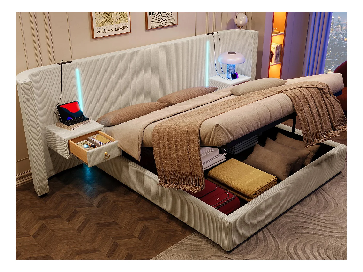 Lit coffre rembourré 180x200cm - avec bande lumineuse LED - avec 2 tiroirs - USB+TYPE-C - velours - beige (matelas non inclus)