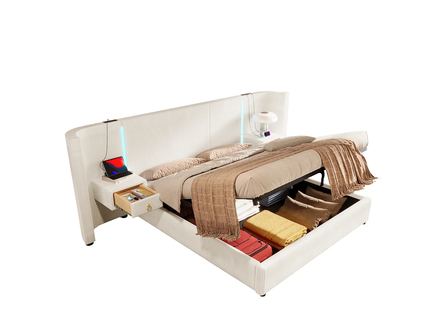 Lit coffre rembourré 180x200cm - avec bande lumineuse LED - avec 2 tiroirs - USB+TYPE-C - velours - beige (matelas non inclus)