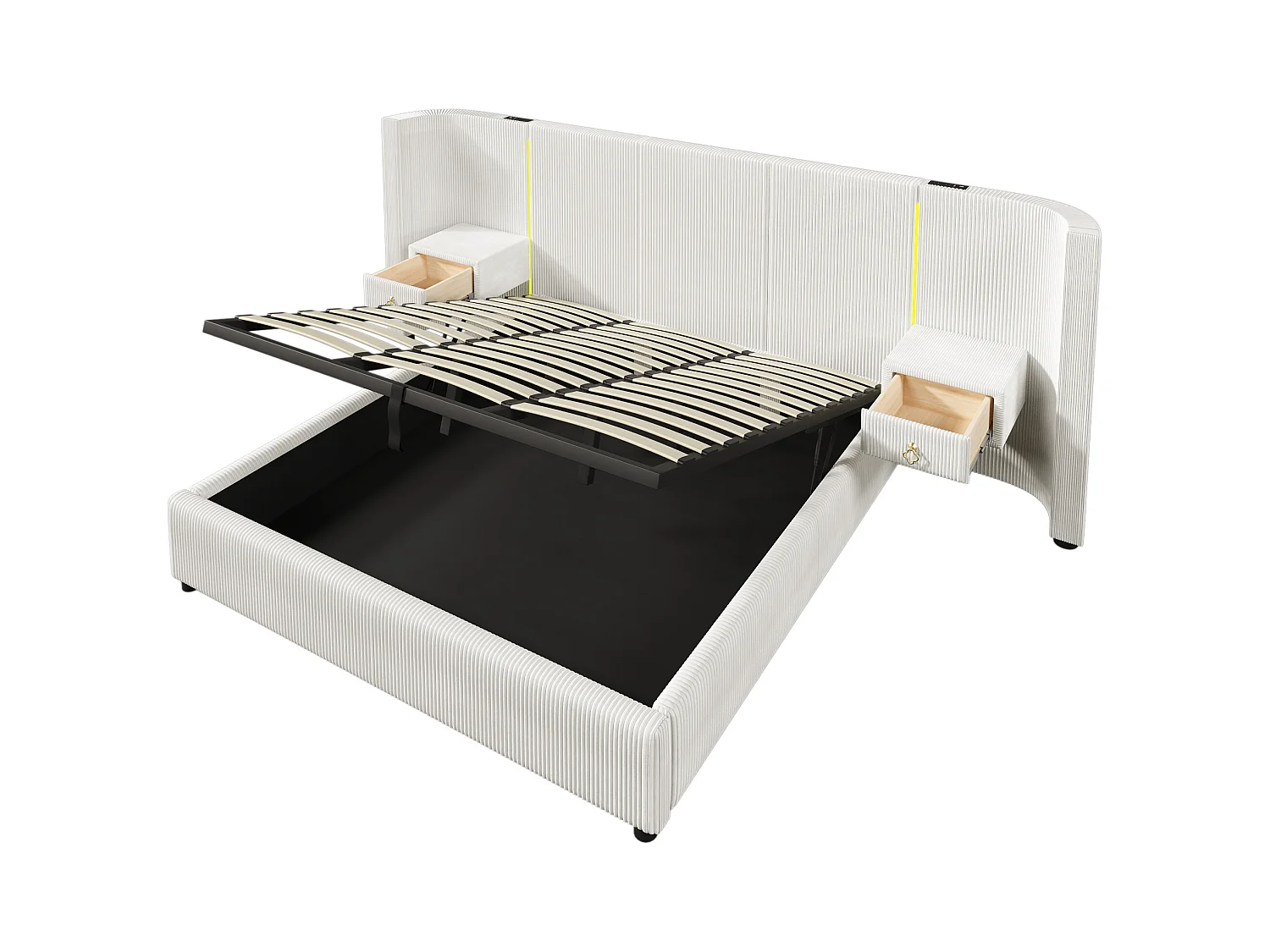 Lit coffre rembourré 180x200cm - avec bande lumineuse LED - avec 2 tiroirs - USB+TYPE-C - velours - beige (matelas non inclus)