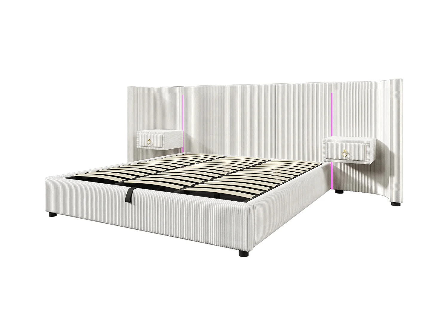 Lit coffre rembourré 180x200cm - avec bande lumineuse LED - avec 2 tiroirs - USB+TYPE-C - velours - beige (matelas non inclus)