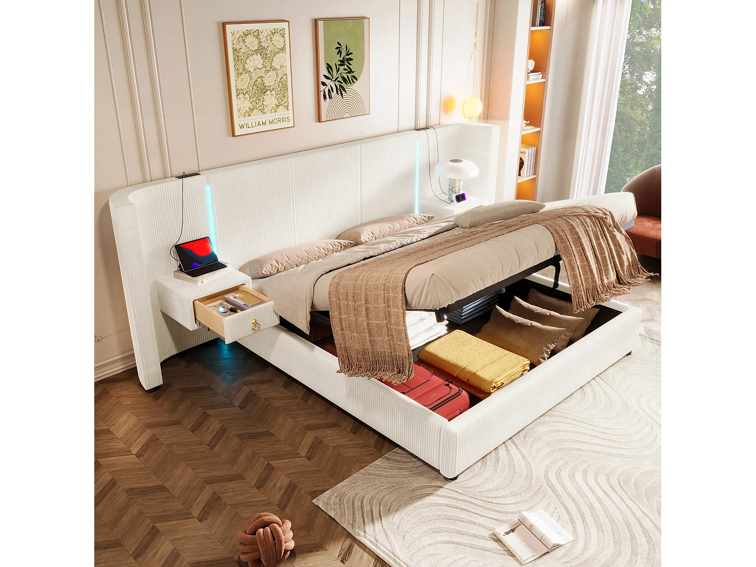 Lit coffre rembourré 180x200cm - avec bande lumineuse LED - avec 2 tiroirs - USB+TYPE-C - velours - beige (matelas non inclus)