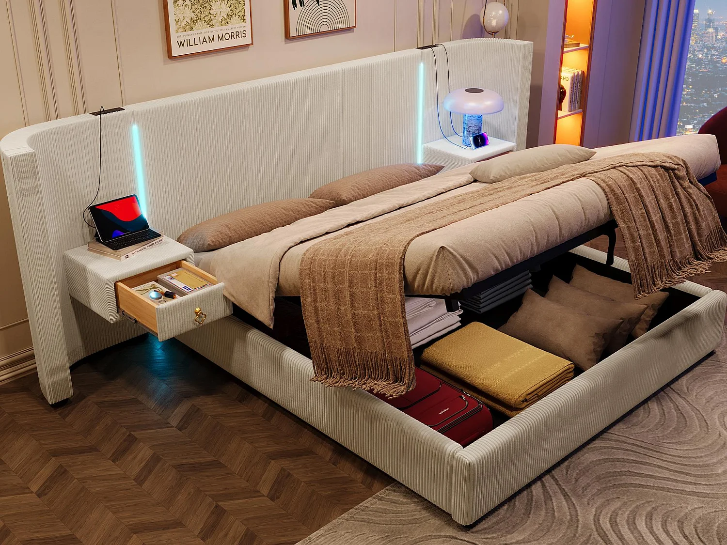 Cama con arcón acolchado 180x200cm - con tira luminosa LED - con 2 cajones - USB+TYPE-C - terciopelo - Beige (colchón no incluido)