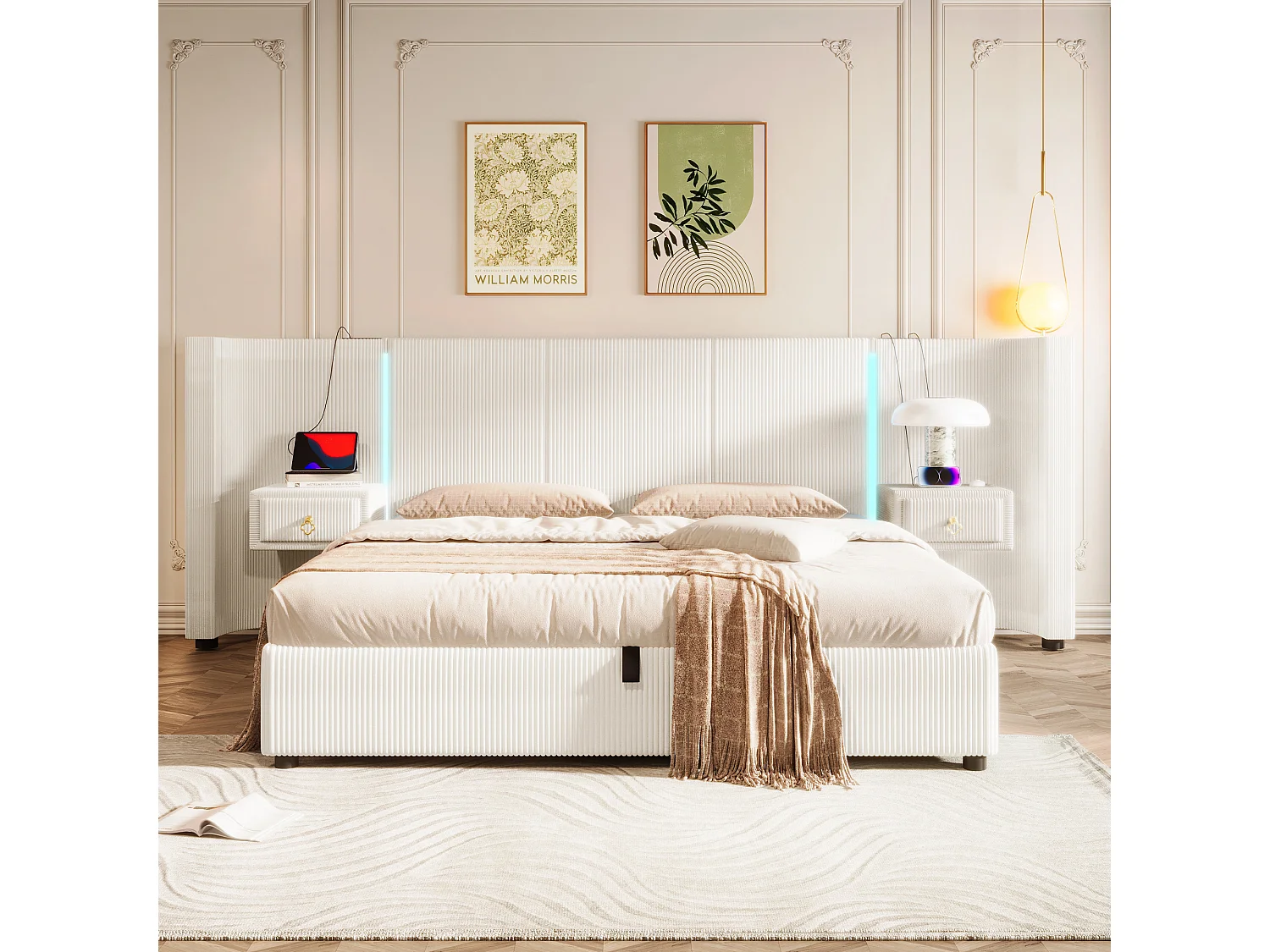 Cama con arcón acolchado 180x200cm - con tira luminosa LED - con 2 cajones - USB+TYPE-C - terciopelo - Beige (colchón no incluido)