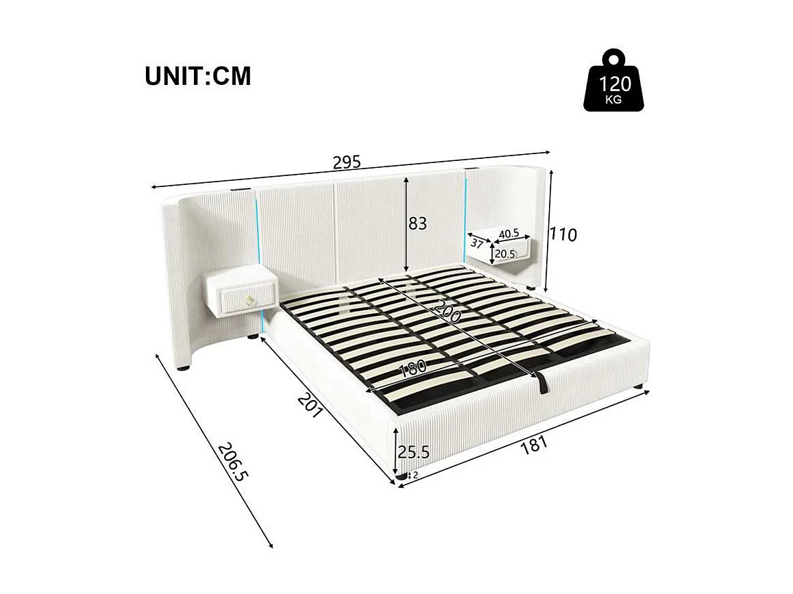 Cama con arcón acolchado 180x200cm - con tira luminosa LED - con 2 cajones - USB+TYPE-C - terciopelo - Beige (colchón no incluido)