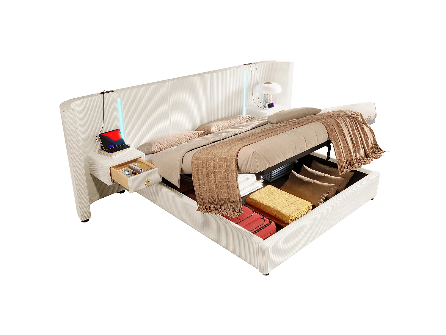 Cama con arcón acolchado 180x200cm - con tira luminosa LED - con 2 cajones - USB+TYPE-C - terciopelo - Beige (colchón no incluido)