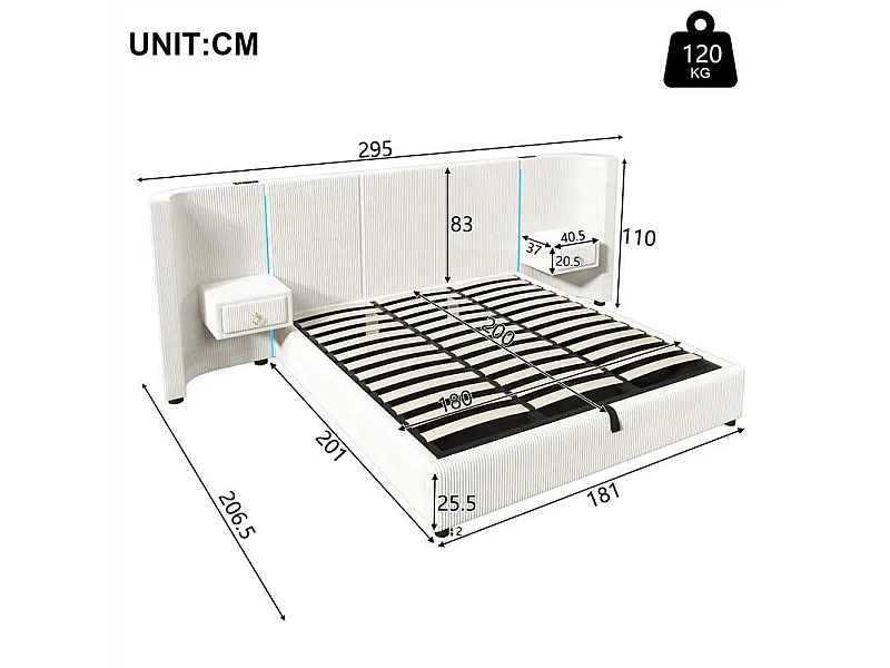 Cama con arcón acolchado 180x200cm - con tira luminosa LED - con 2 cajones - USB+TYPE-C - terciopelo - Beige (colchón no incluido)