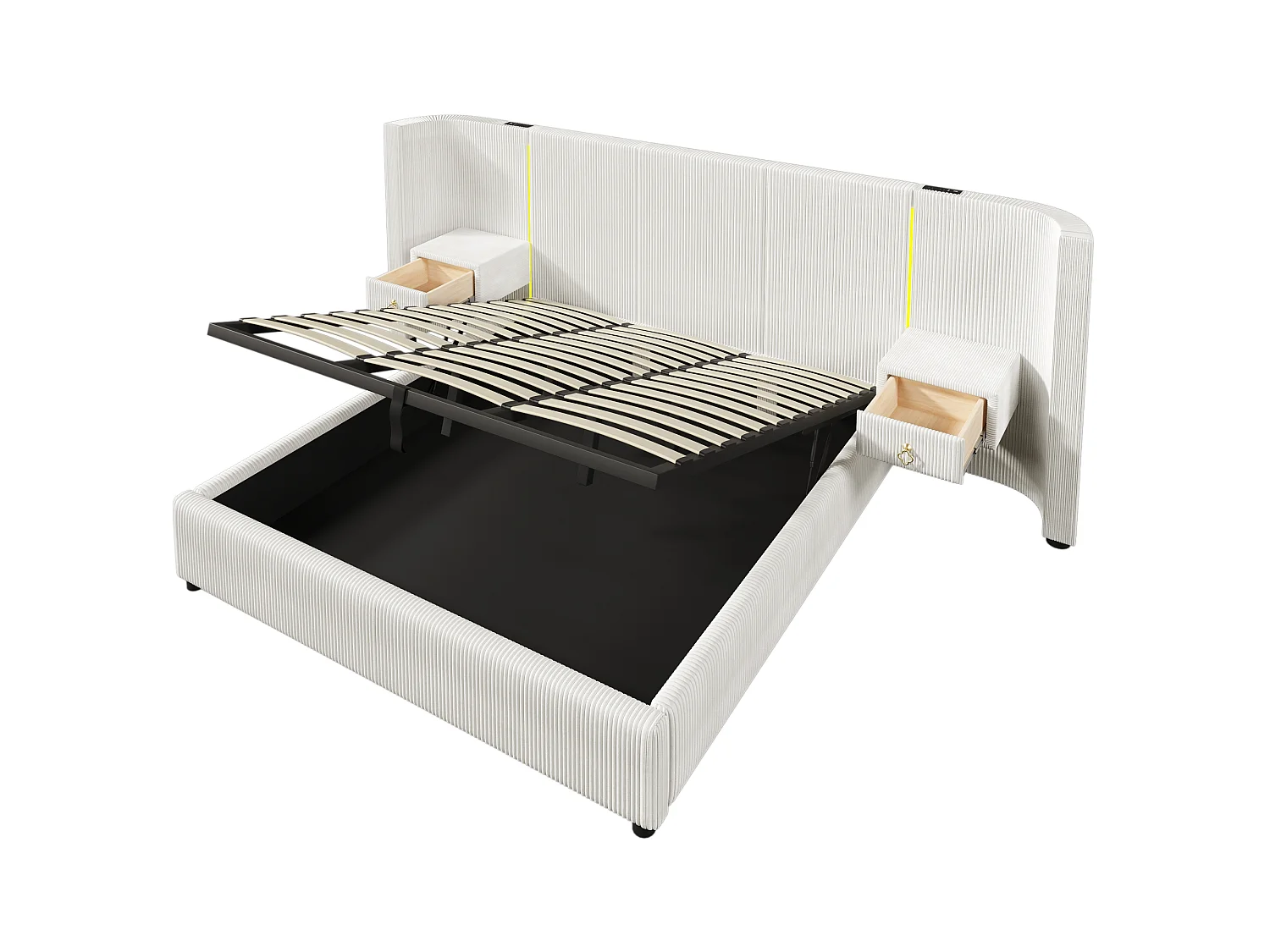 Cama con arcón acolchado 180x200cm - con tira luminosa LED - con 2 cajones - USB+TYPE-C - terciopelo - Beige (colchón no incluido)