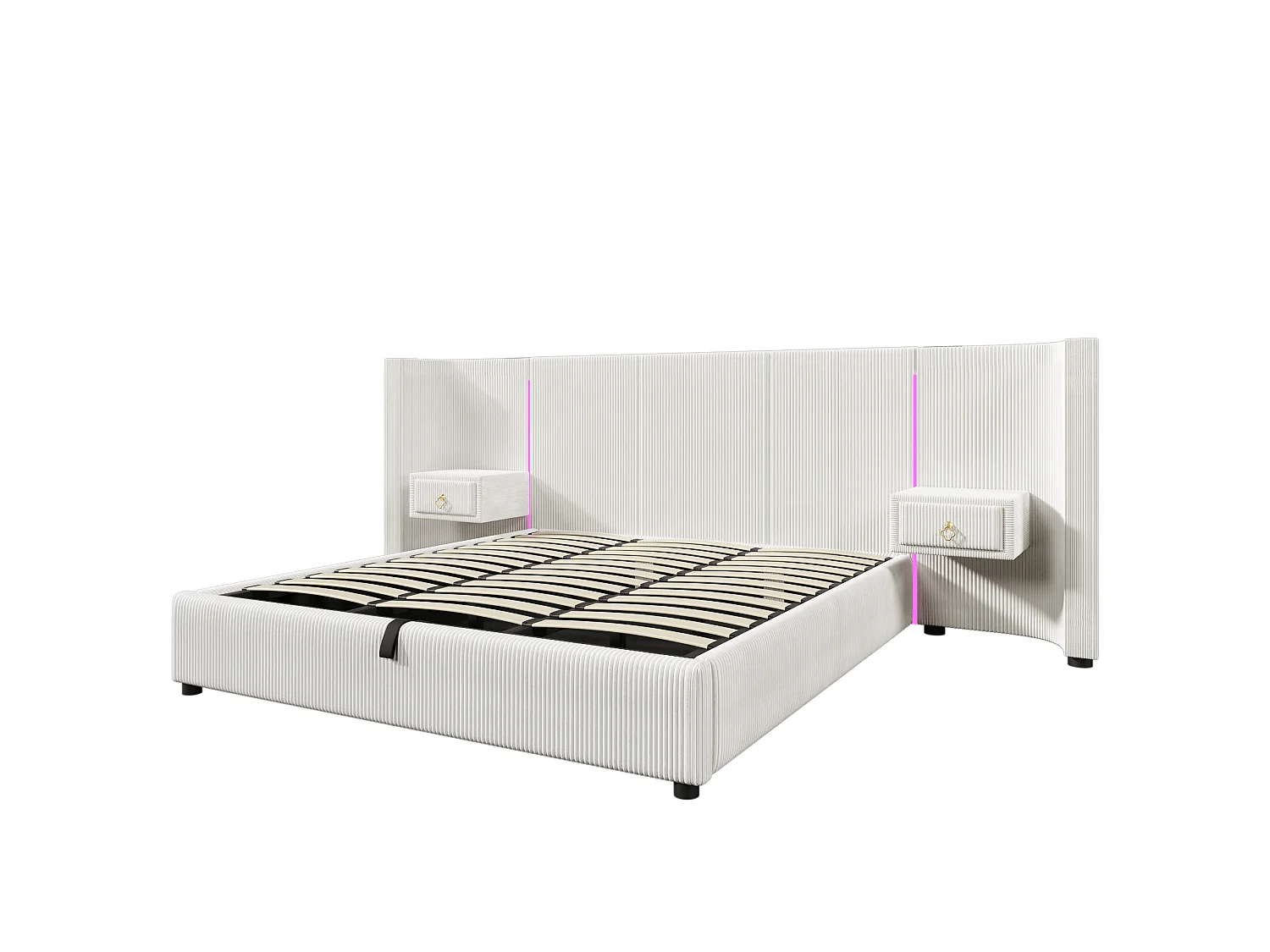 Cama con arcón acolchado 180x200cm - con tira luminosa LED - con 2 cajones - USB+TYPE-C - terciopelo - Beige (colchón no incluido)