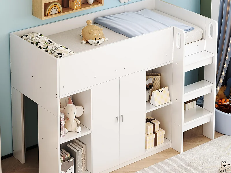 Kinderbett 90x200 cm - mit Kleiderschrank + Regalen - mit Leiter - weiß (ohne Matratze)