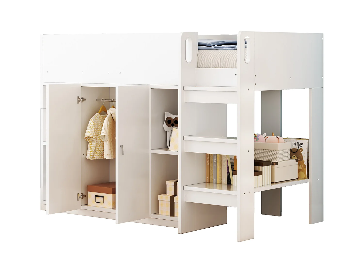 Cama infantil 90x200 cm - com armário + prateleiras - com escada - branco (sem colchão)