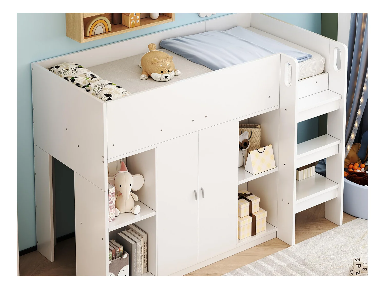 Lit enfant 90x200 cm - avec penderie + étagères - avec échelle - blanc (sans matelas)