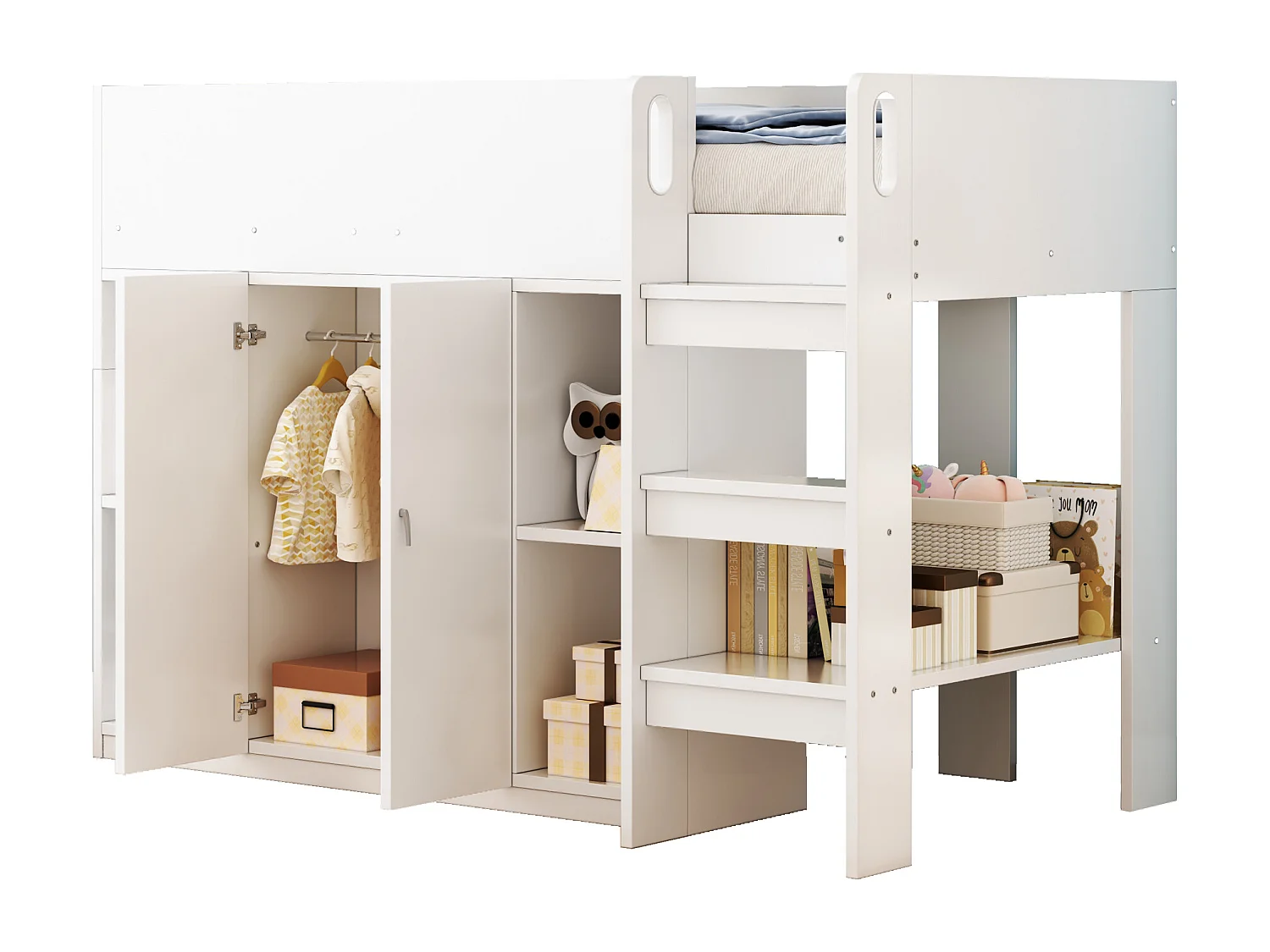 Lit enfant 90x200 cm - avec penderie + étagères - avec échelle - blanc (sans matelas)