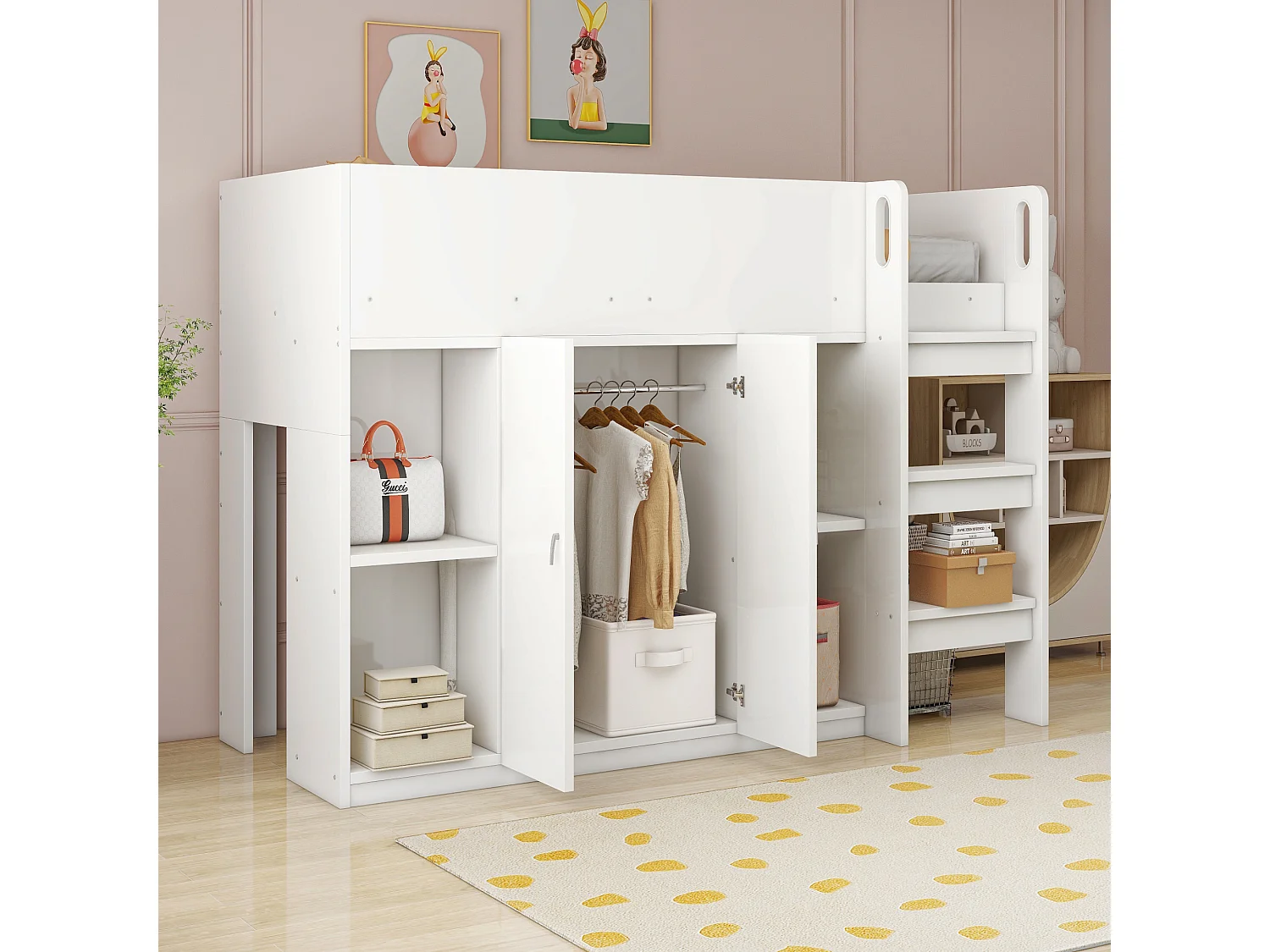 Lit enfant 90x200 cm - avec penderie + étagères - avec échelle - blanc (sans matelas)