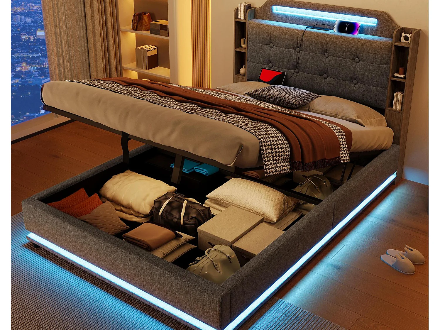 Opbergbed met bekleding 140x200cm - met LED-verlichting - met opbergcompartiment - USB+TYPE-C - linnen - grijs (matras niet inbegrepen)