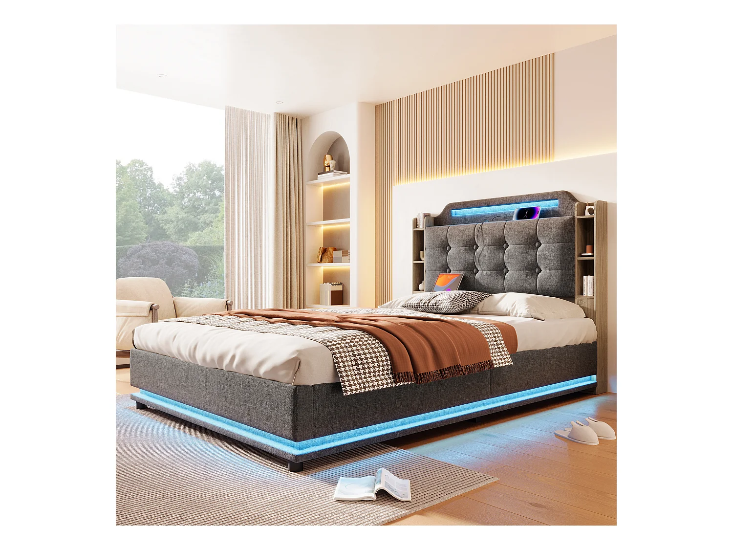 Opbergbed met bekleding 140x200cm - met LED-verlichting - met opbergcompartiment - USB+TYPE-C - linnen - grijs (matras niet inbegrepen)