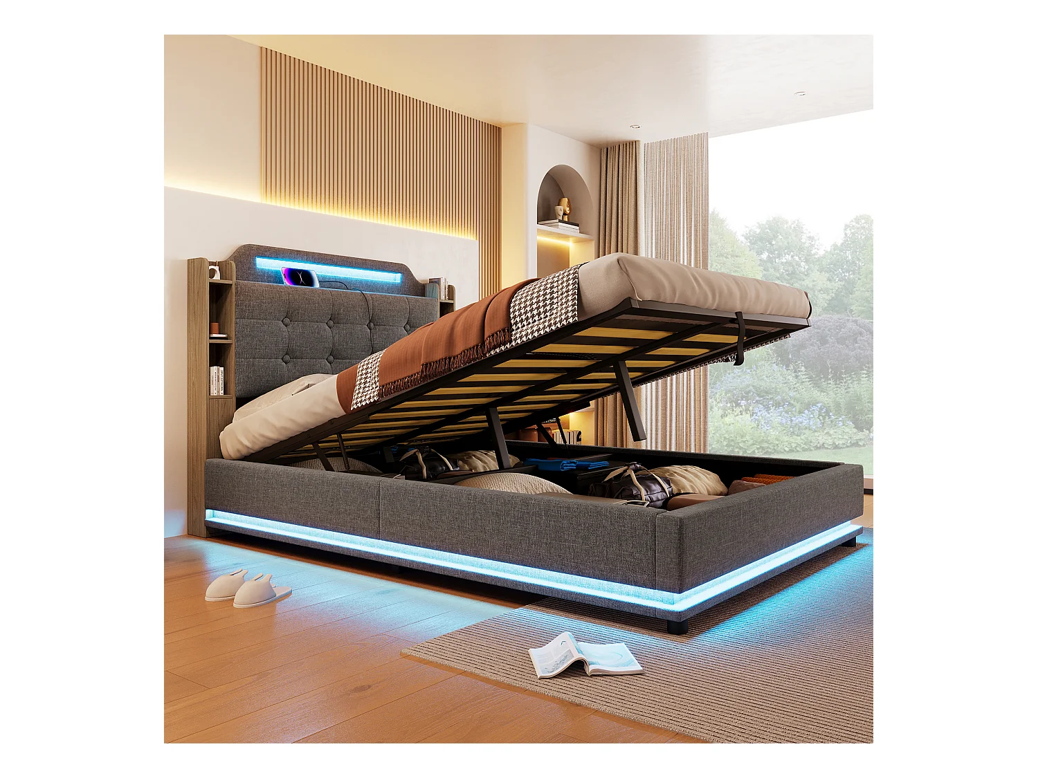 Opbergbed met bekleding 140x200cm - met LED-verlichting - met opbergcompartiment - USB+TYPE-C - linnen - grijs (matras niet inbegrepen)