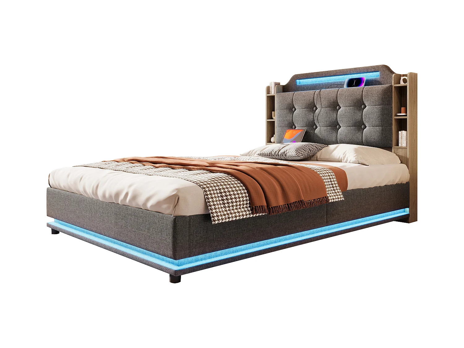 Opbergbed met bekleding 140x200cm - met LED-verlichting - met opbergcompartiment - USB+TYPE-C - linnen - grijs (matras niet inbegrepen)