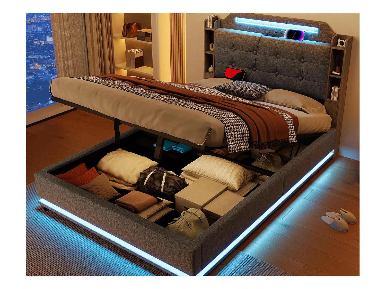 Lit coffre rembourré 140x200cm - avec éclairage LED - avec compartiment de rangement - USB+TYPE-C - lin - gris (sans matelas)