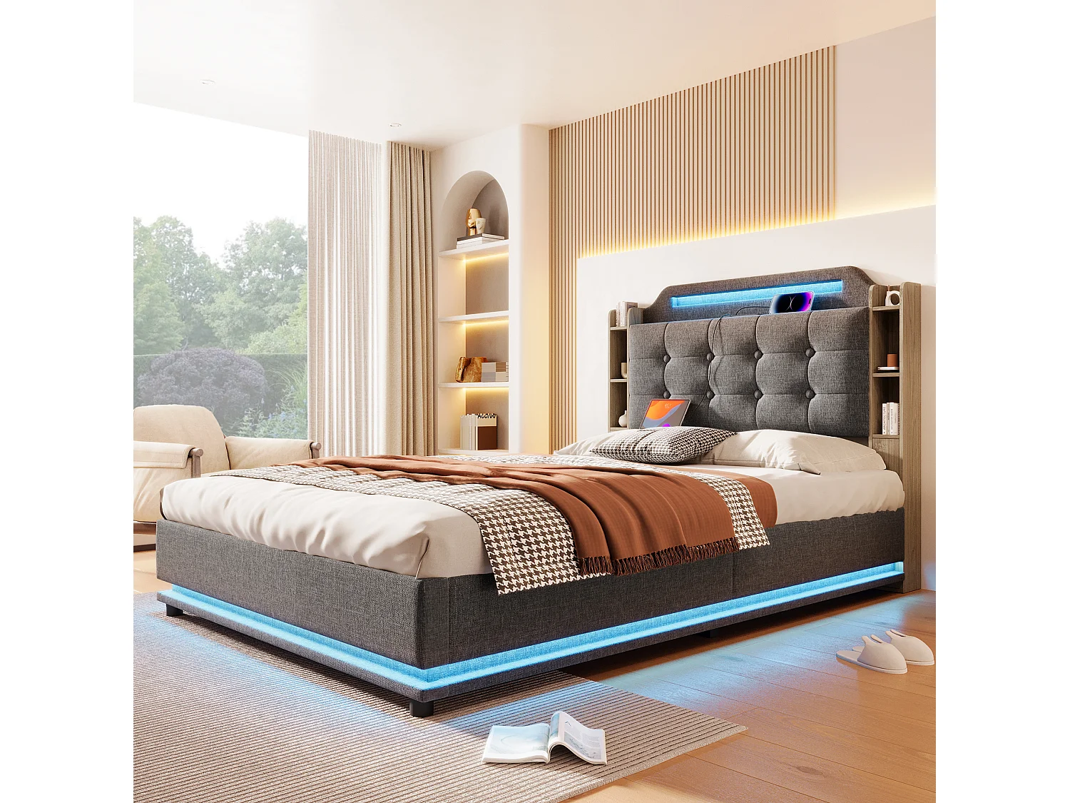 Lit coffre rembourré 140x200cm - avec éclairage LED - avec compartiment de rangement - USB+TYPE-C - lin - gris (sans matelas)