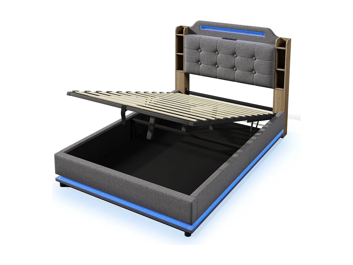 Lit coffre rembourré 140x200cm - avec éclairage LED - avec compartiment de rangement - USB+TYPE-C - lin - gris (sans matelas)