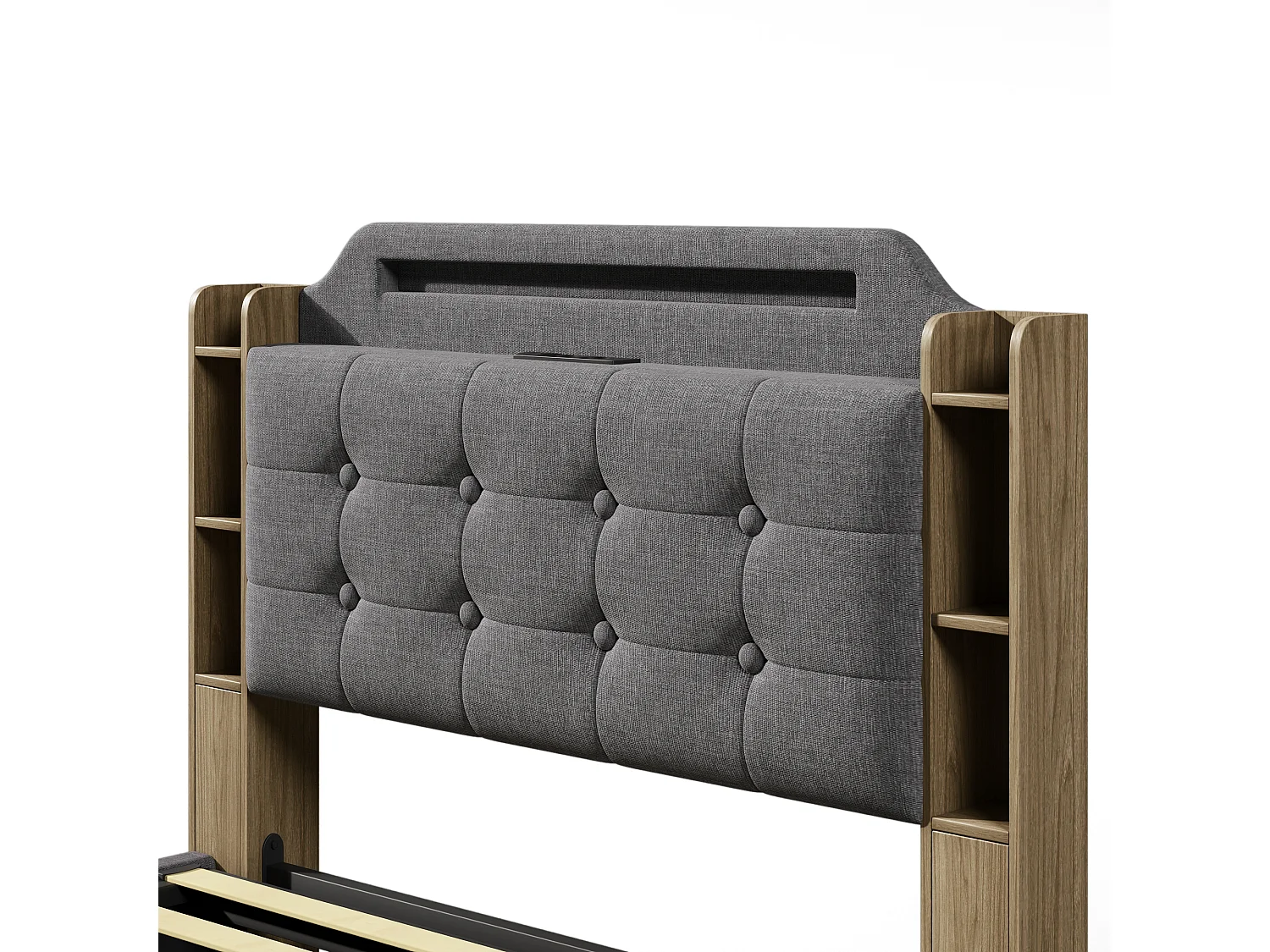 Lit coffre rembourré 140x200cm - avec éclairage LED - avec compartiment de rangement - USB+TYPE-C - lin - gris (sans matelas)