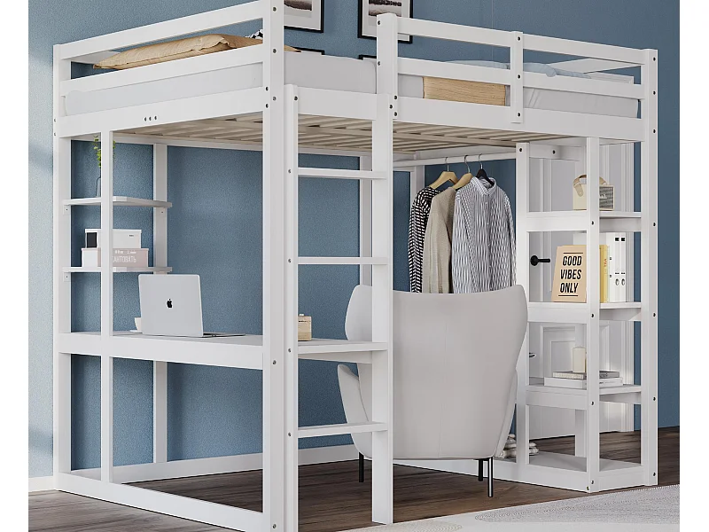 Cama mezzanine infantil 140x200cm - con escalera - con mesa - con perchero simple - blanco (sin colchón)