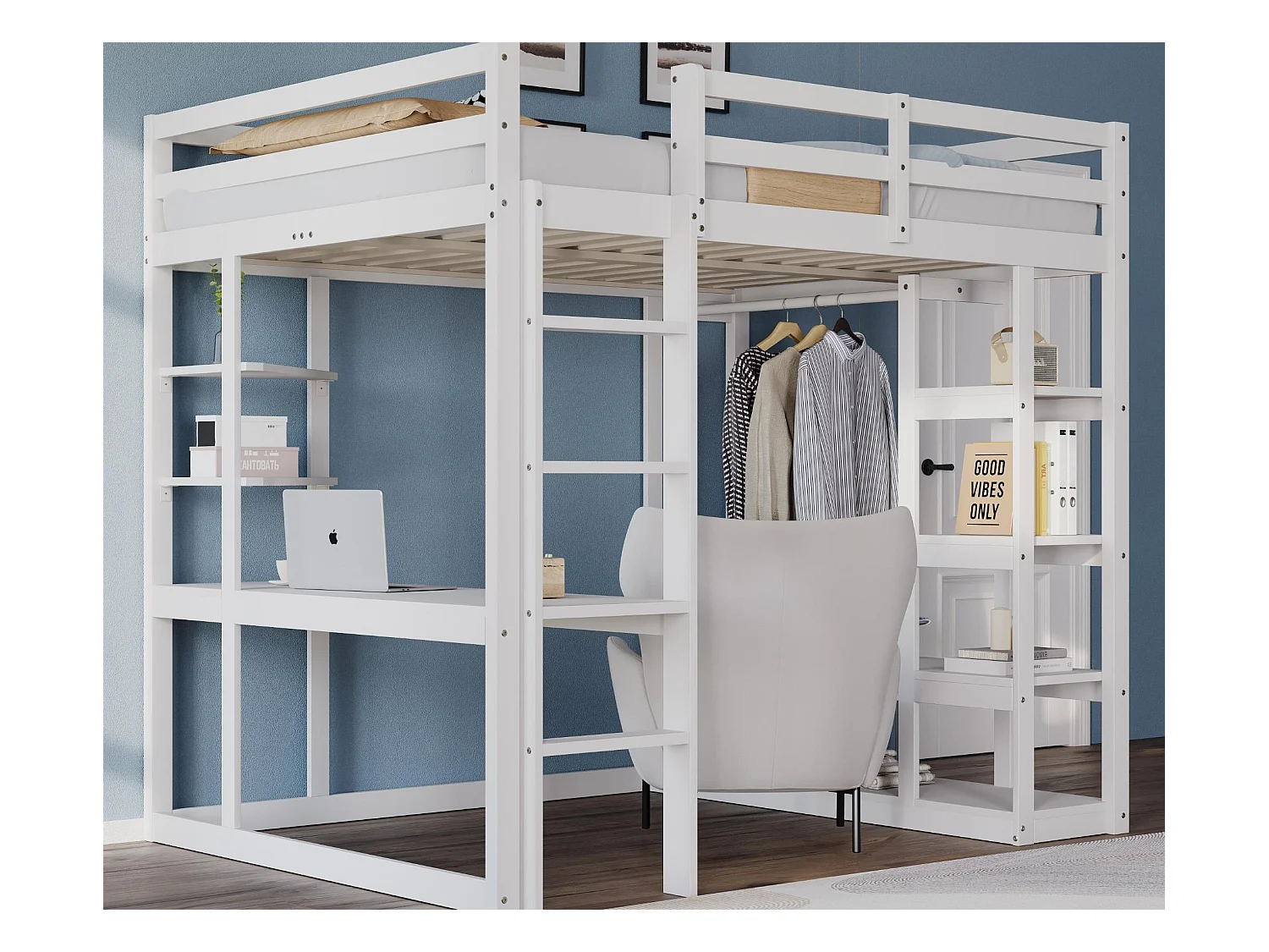 Lit mezzanine enfant 140x200cm - avec échelle - avec table - avec cintre simple - blanc (sans matelas)