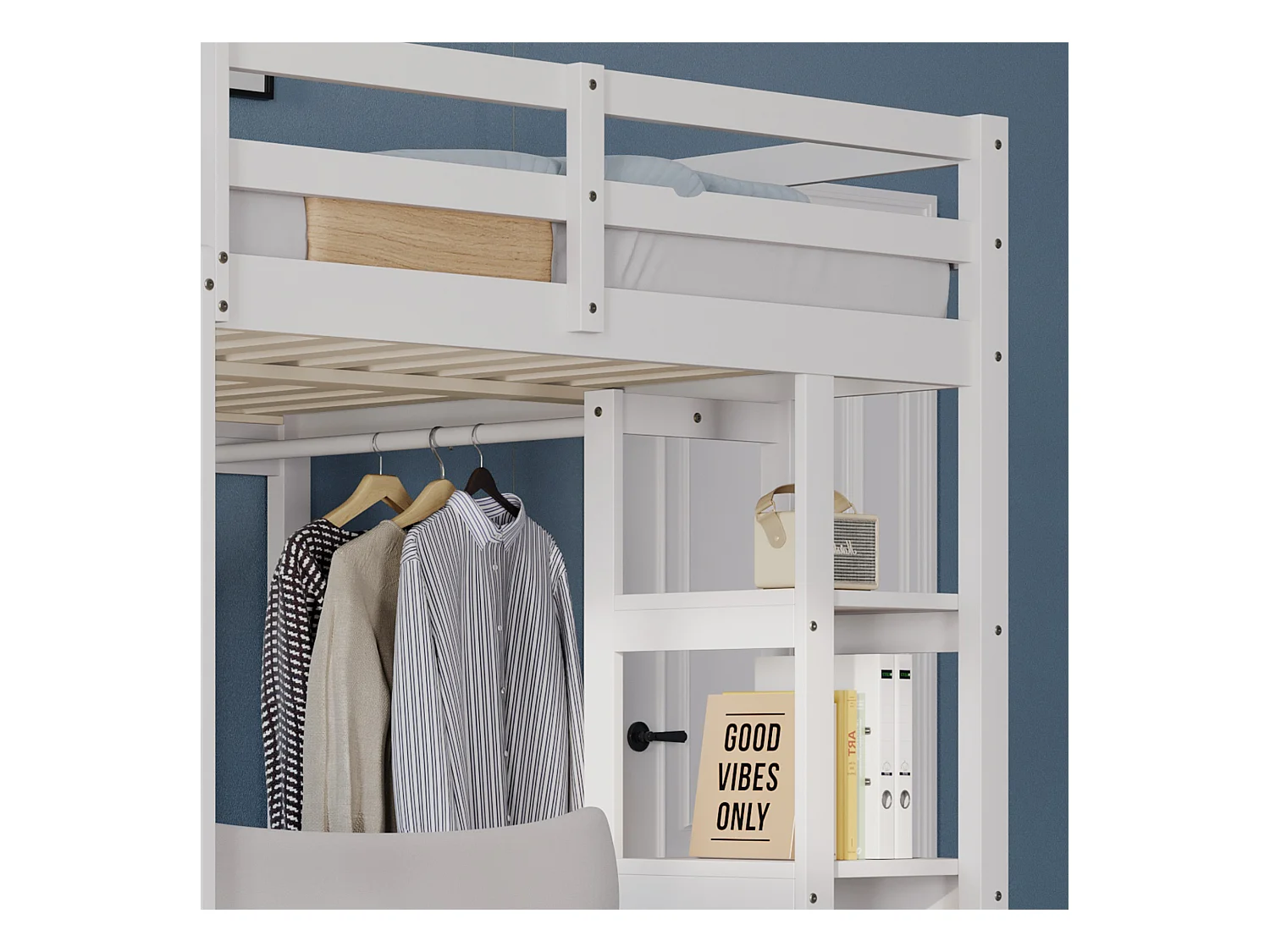 Lit mezzanine enfant 140x200cm - avec échelle - avec table - avec cintre simple - blanc (sans matelas)