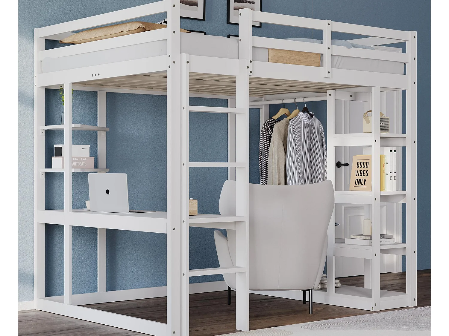 Kinder mezzanine bed 140x200cm - met trap - met tafel - met eenvoudige kapstok - wit (zonder matras)