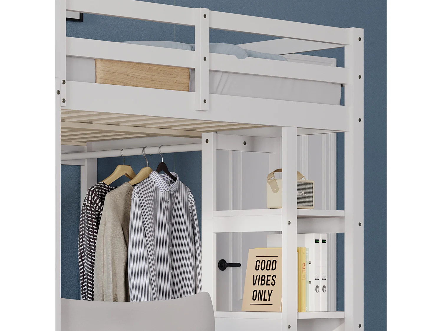 Kinder mezzanine bed 140x200cm - met trap - met tafel - met eenvoudige kapstok - wit (zonder matras)