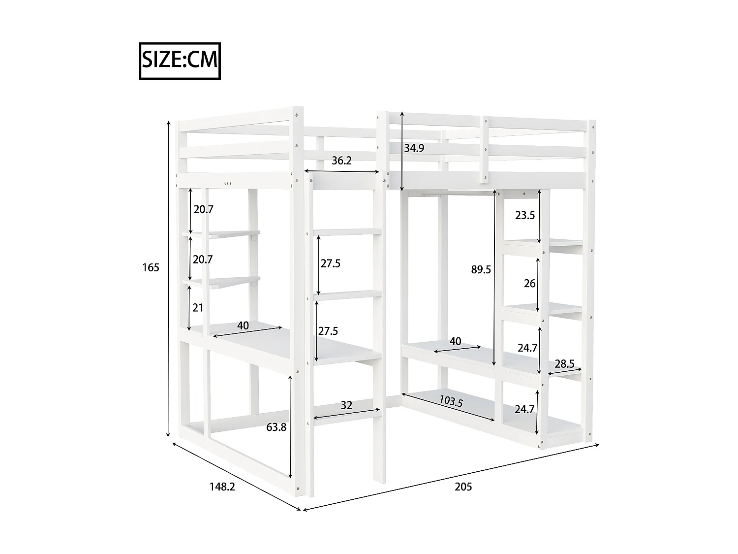 Kinder mezzanine bed 140x200cm - met trap - met tafel - met eenvoudige kapstok - wit (zonder matras)
