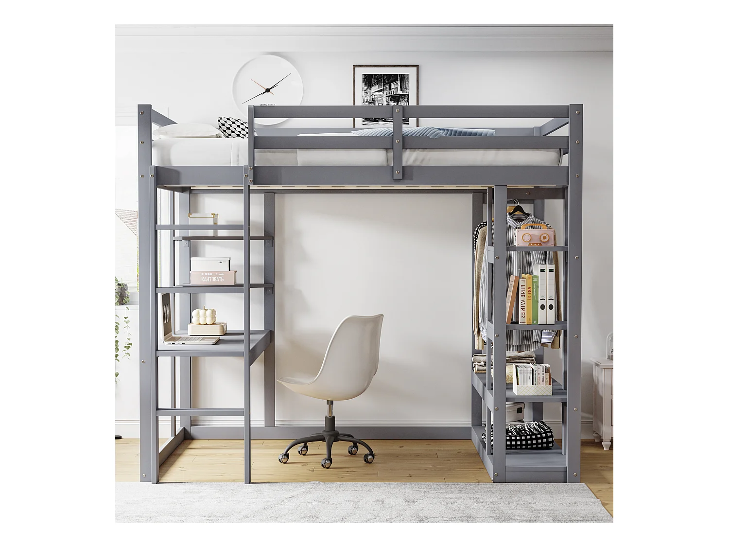 Lit mezzanine enfant 140x200cm - avec échelle - avec table - avec cintre simple - gris (sans matelas)